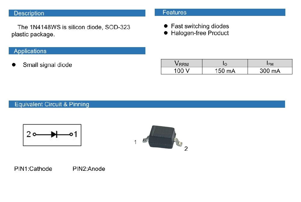 1N4148WS, SOD-323  100V 150mA Switching Diode