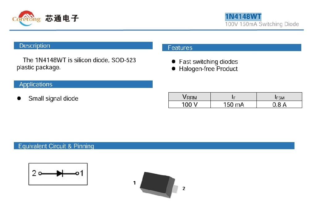1N4148WT  SOD-523   100V 150mA Switching Diode